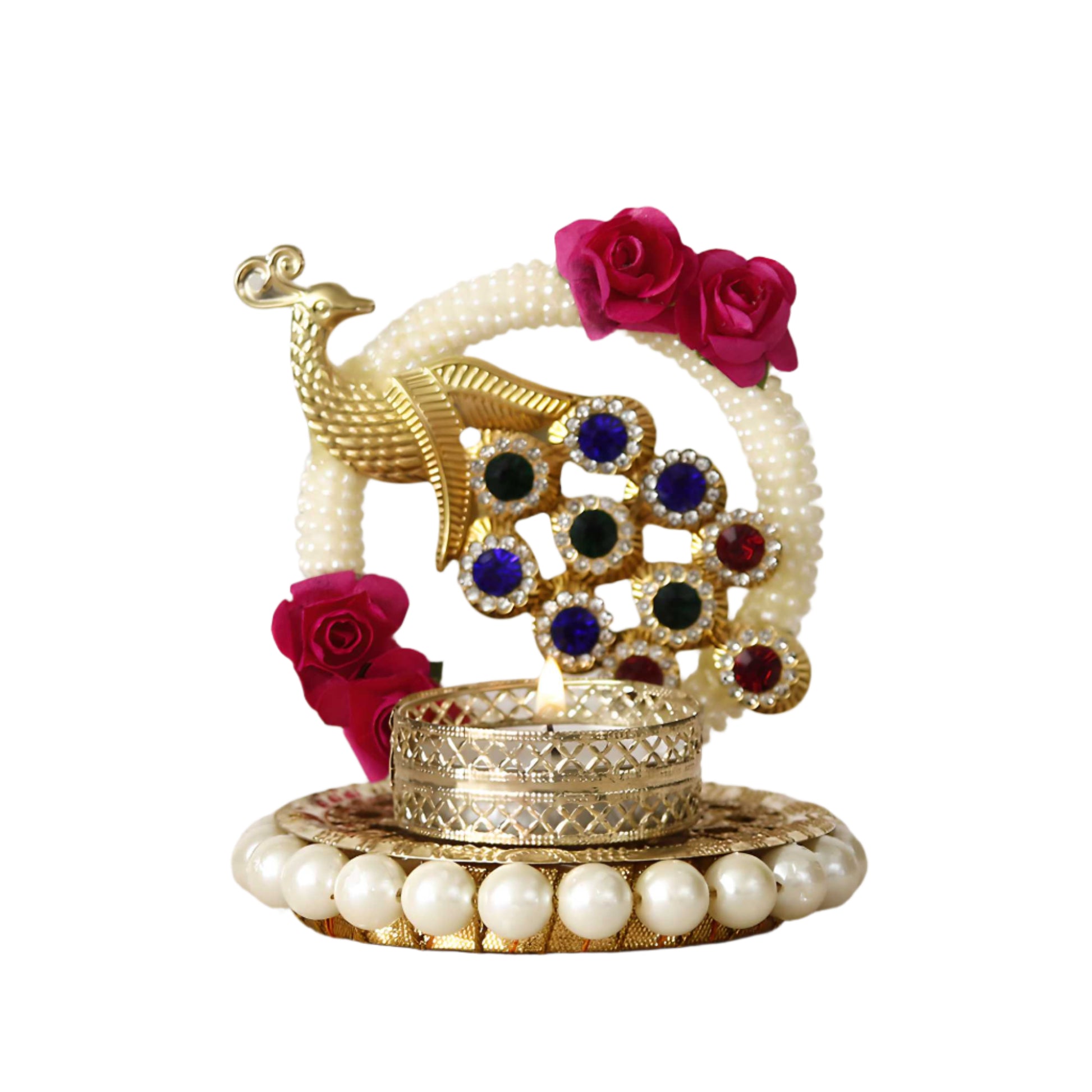 Metal Peacock Tealight Holder with Decorative Stones