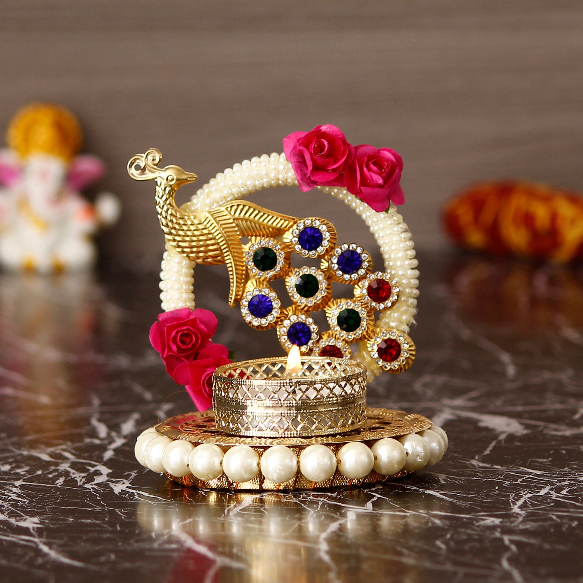 Metal Peacock Tealight Holder with Decorative Stones