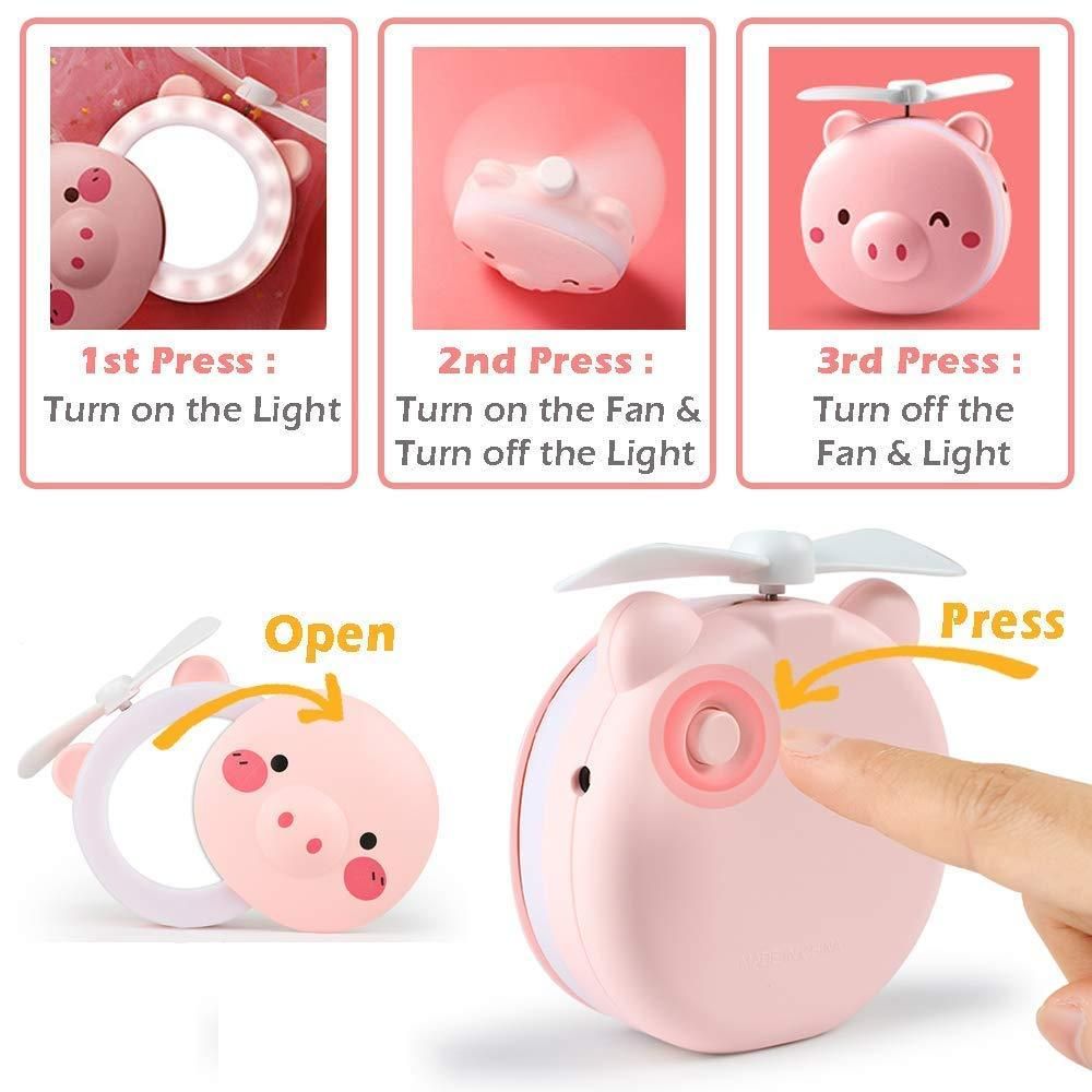 Cute Pig LED Mirror Fan for Travel