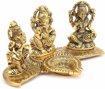 Gold-Plated Lakshmi Ganesh Saraswati Idol with Deepak