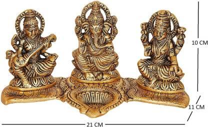 Gold-Plated Lakshmi Ganesh Saraswati Idol with Deepak