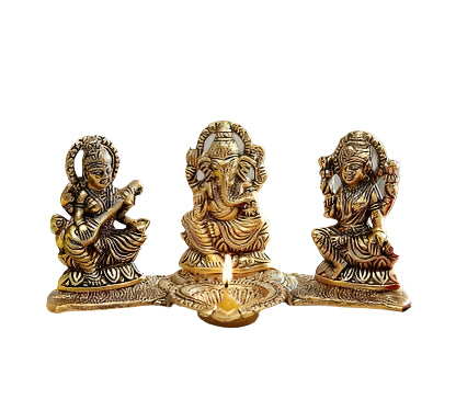 Gold-Plated Lakshmi Ganesh Saraswati Idol with Deepak