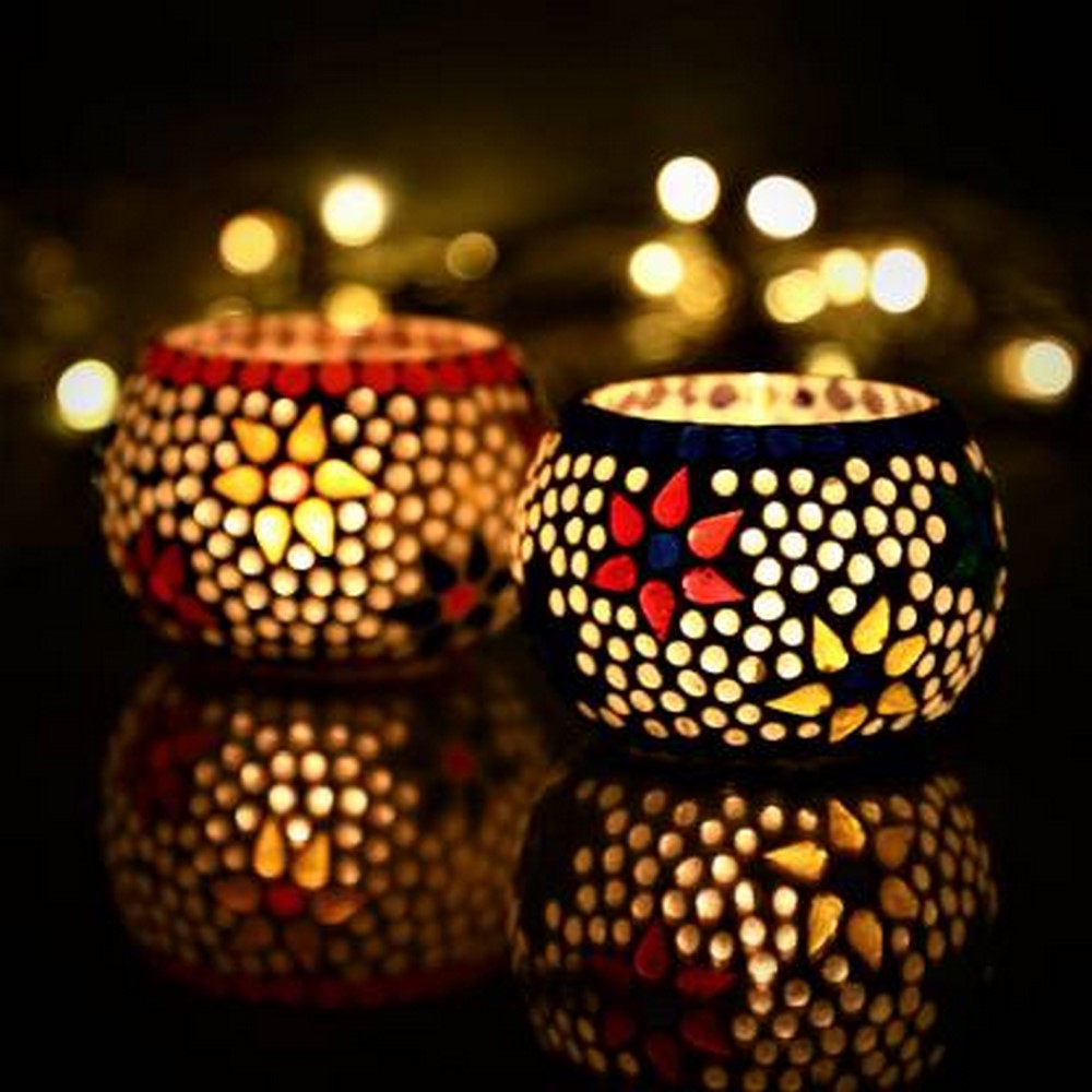 eCraftIndia Mosaic Glass Tea Light Holders Set