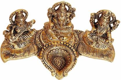 Gold-Plated Lakshmi Ganesh Saraswati Idol with Deepak