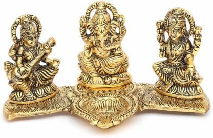Gold-Plated Lakshmi Ganesh Saraswati Idol with Deepak